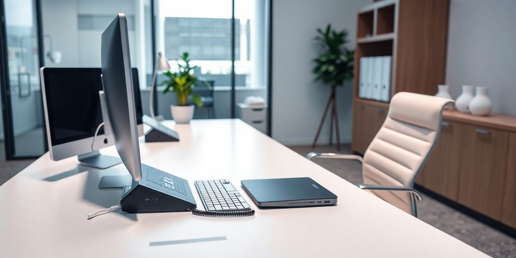 Modern office with phone setup and sleek desk.