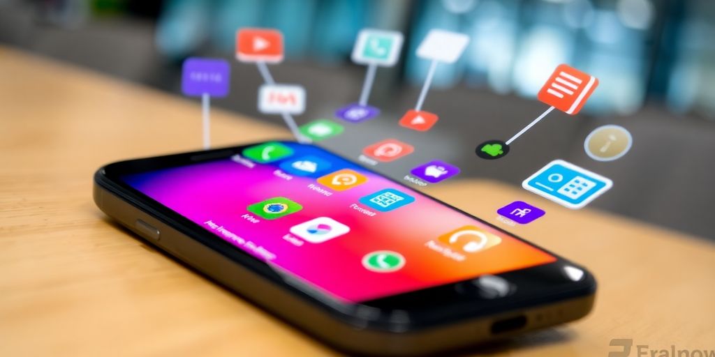 Smartphone with colorful icons in an office setting.