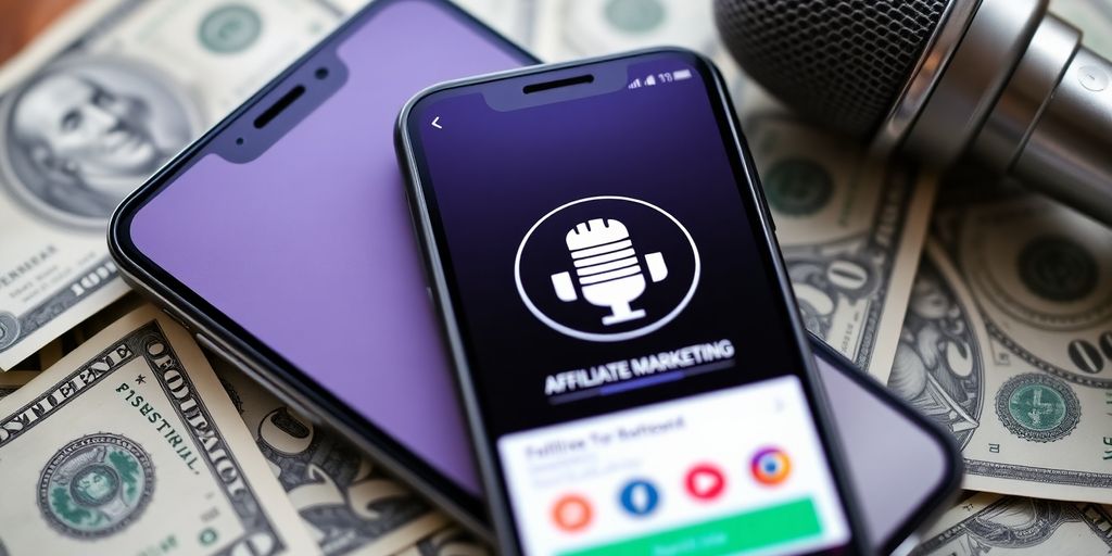 Smartphone with podcast app and dollar bills around it.