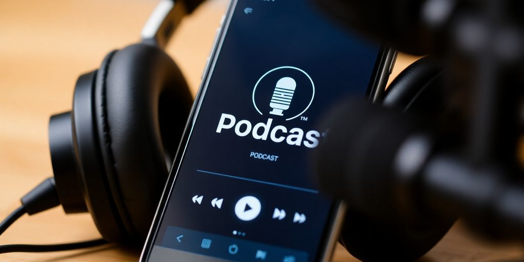 Smartphone with podcast app, headphones, and microphone.