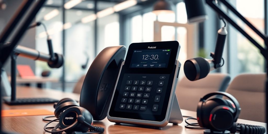 AI phone receptionist in a modern podcasting setup.