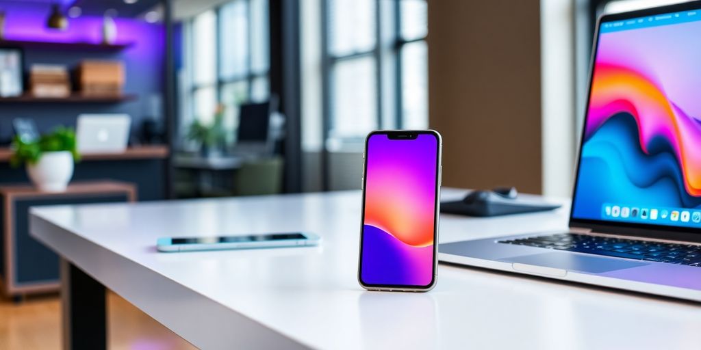 Modern office with smartphone and laptop on desk.
