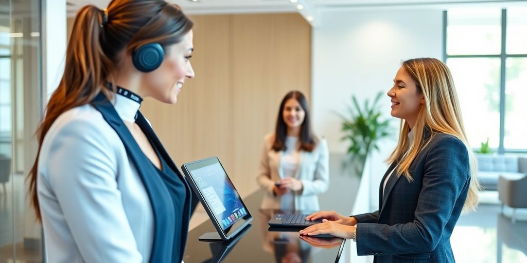 Modern AI receptionist in a professional environment.