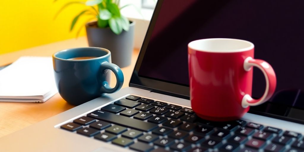 Laptop and coffee cup on a vibrant workspace.