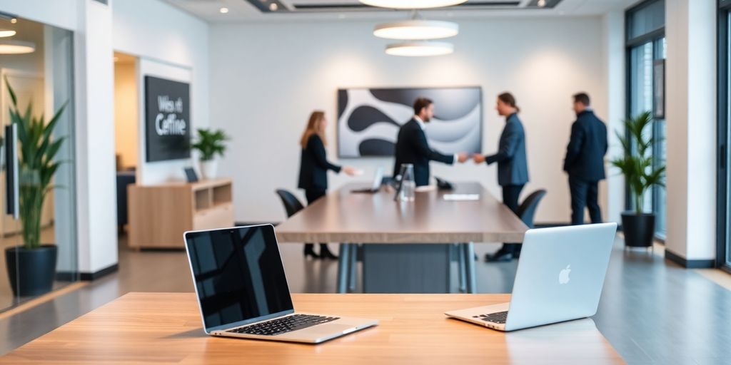 Modern office with a sleek desk and laptop.