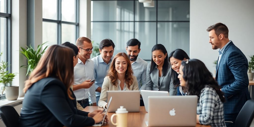 Group of professionals collaborating in a modern office.