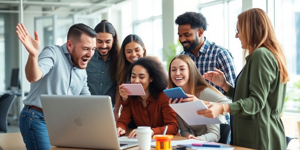 Diverse people collaborating in a modern workspace.