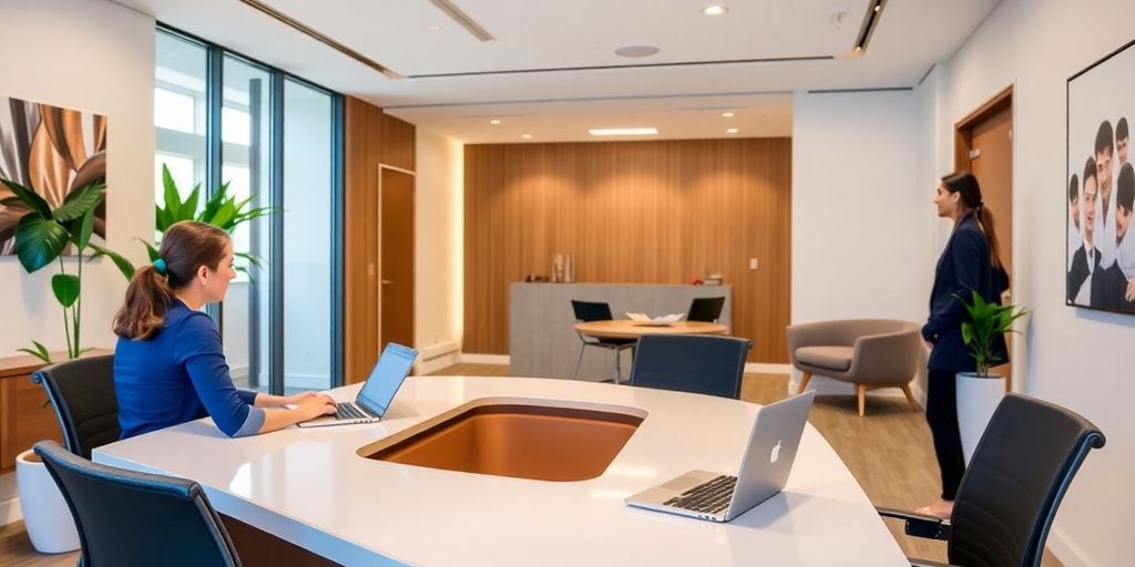Modern office with a desk and laptop setup.