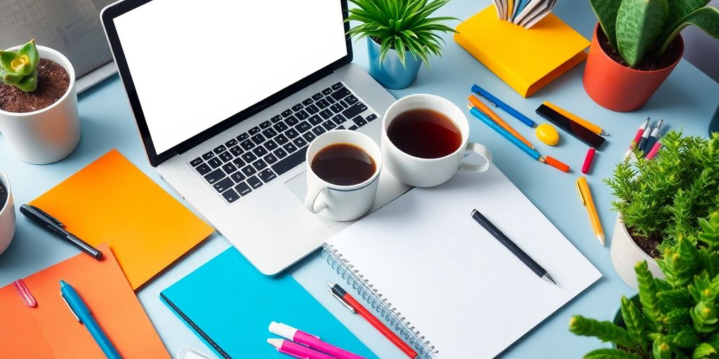 Vibrant workspace with laptop, coffee, and stationery.