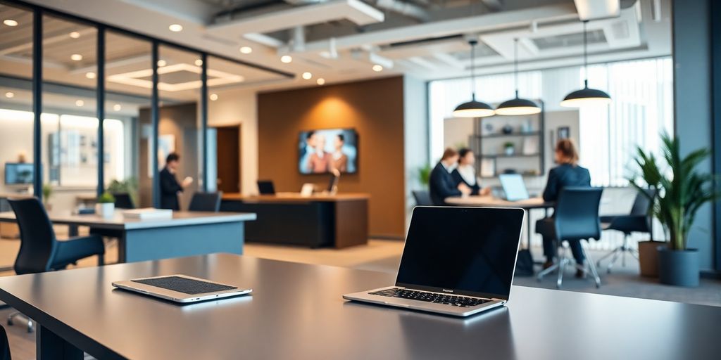 Modern office with a laptop and welcoming atmosphere.
