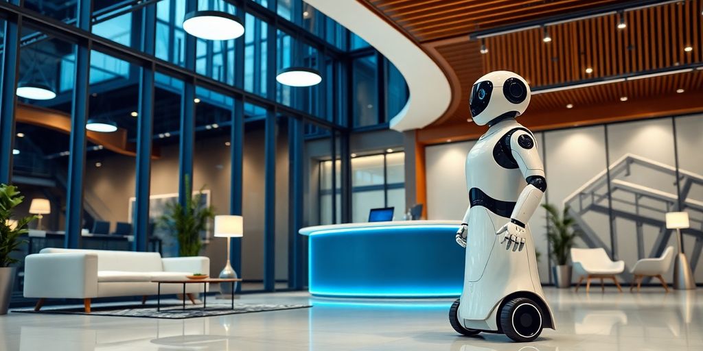 AI receptionist robot in a modern office setting.