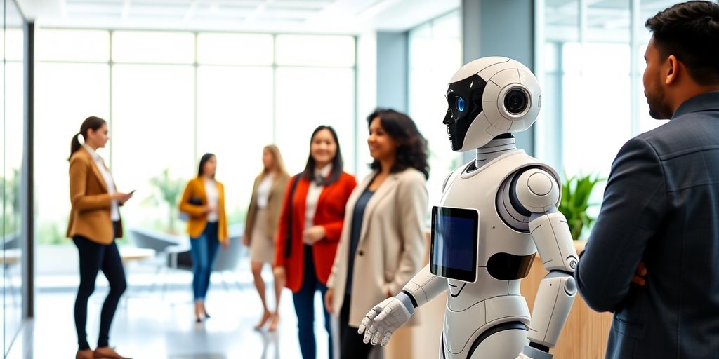 AI receptionist robot in a modern office with clients.