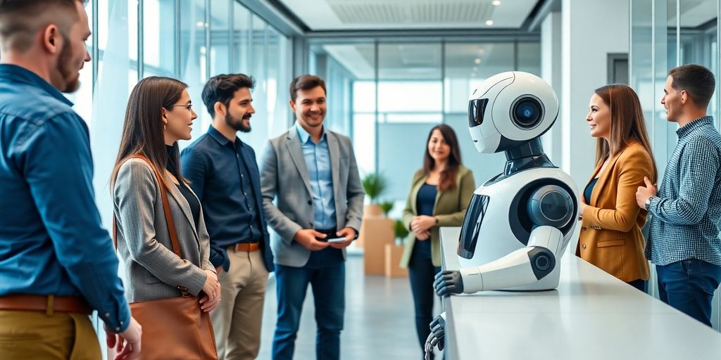 AI receptionist robot in a modern office with clients.