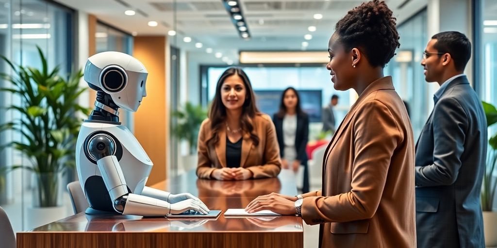 AI receptionist in a contemporary office with clients.