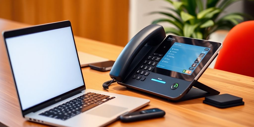 Modern workspace with desk, phone, and laptop.
