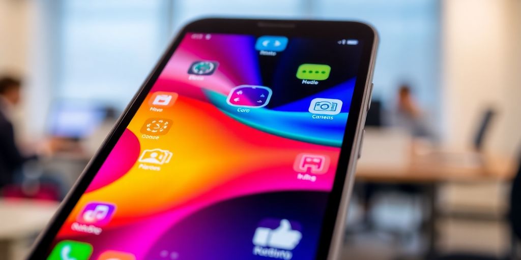 Smartphone with colorful communication icons on a blurred background.