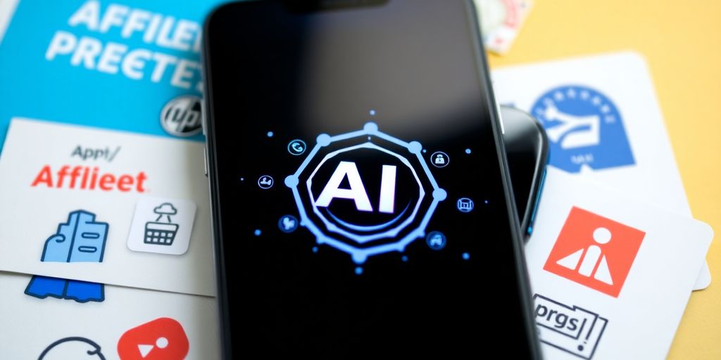 Smartphone with AI interface and affiliate marketing icons.