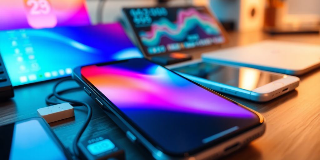 Smartphone with digital interface in a tech workspace.