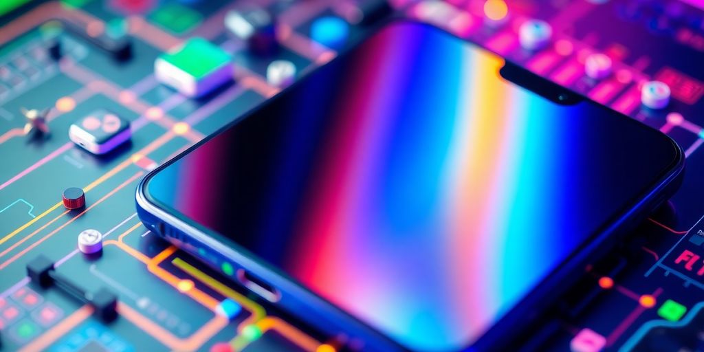 Smartphone with vibrant colors and modern technology elements.