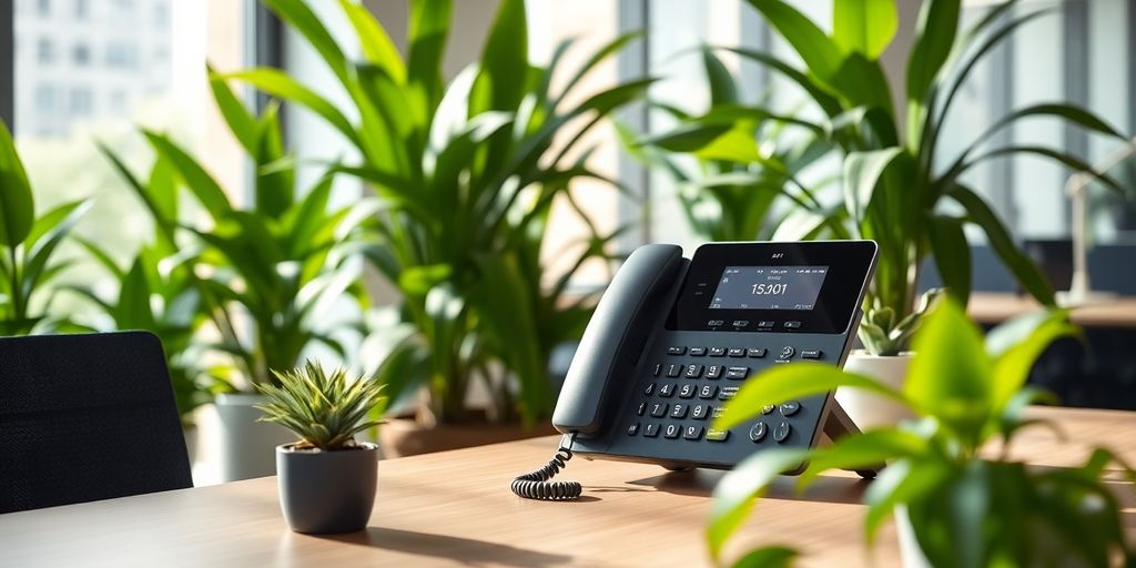 Modern office with AI phone system and plants.
