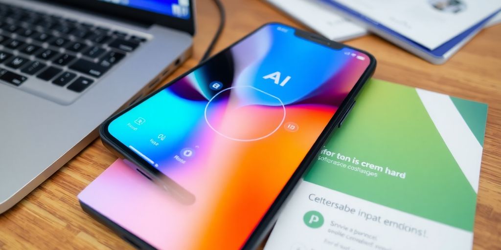 Smartphone with AI interface on a wooden desk.