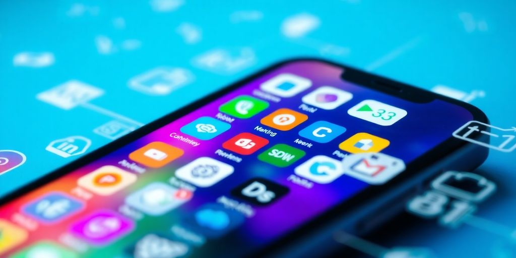 Smartphone with digital icons around it.