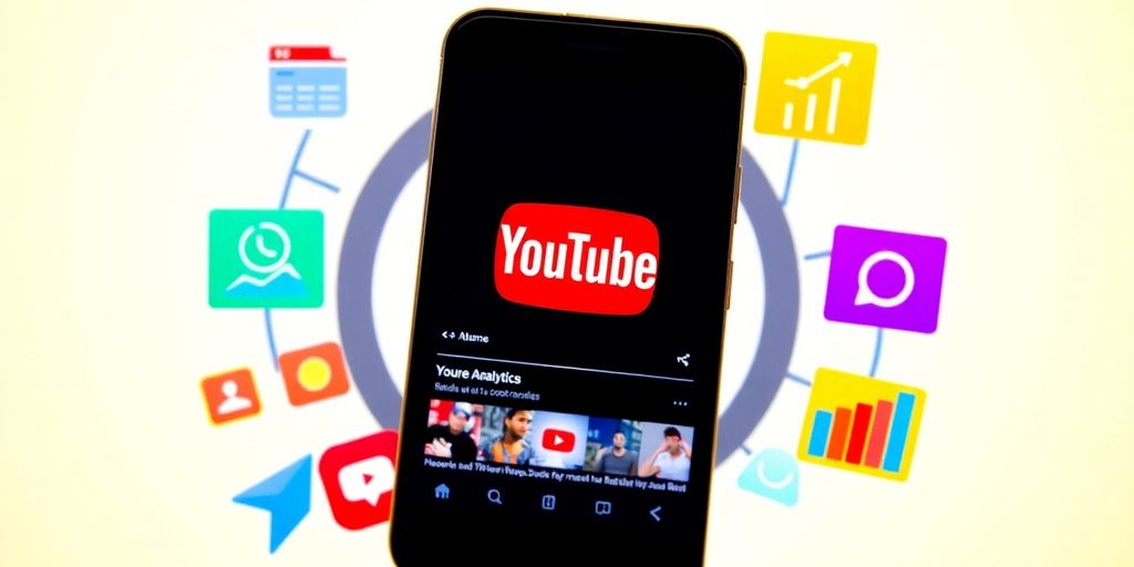 Smartphone with YouTube logo and colorful video icons.
