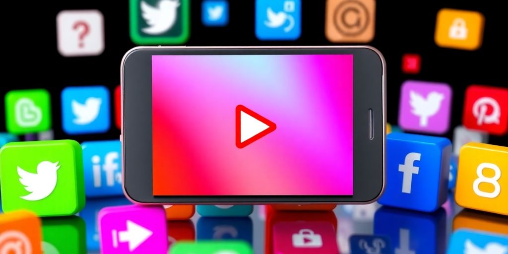 Smartphone with video play button and social media icons.
