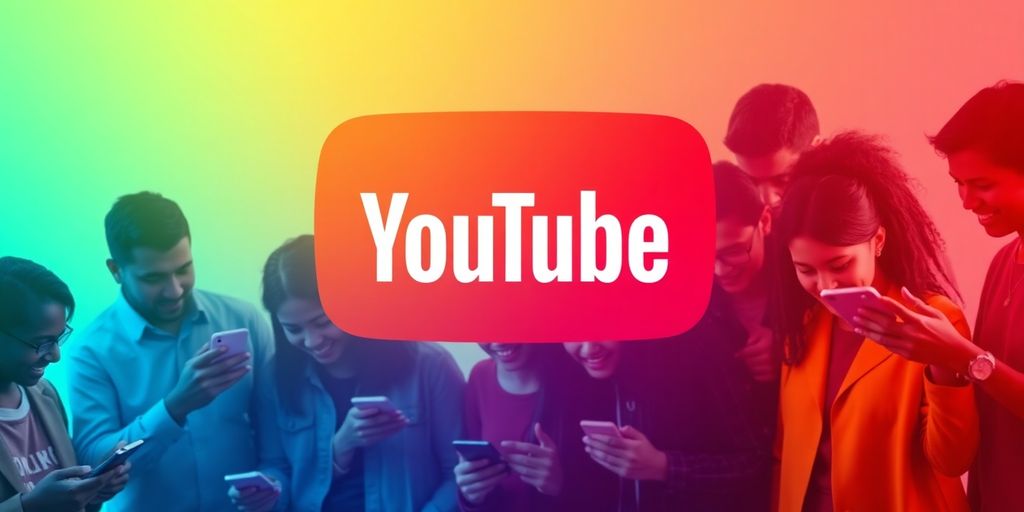 Diverse people engaging with smartphones around YouTube logo.