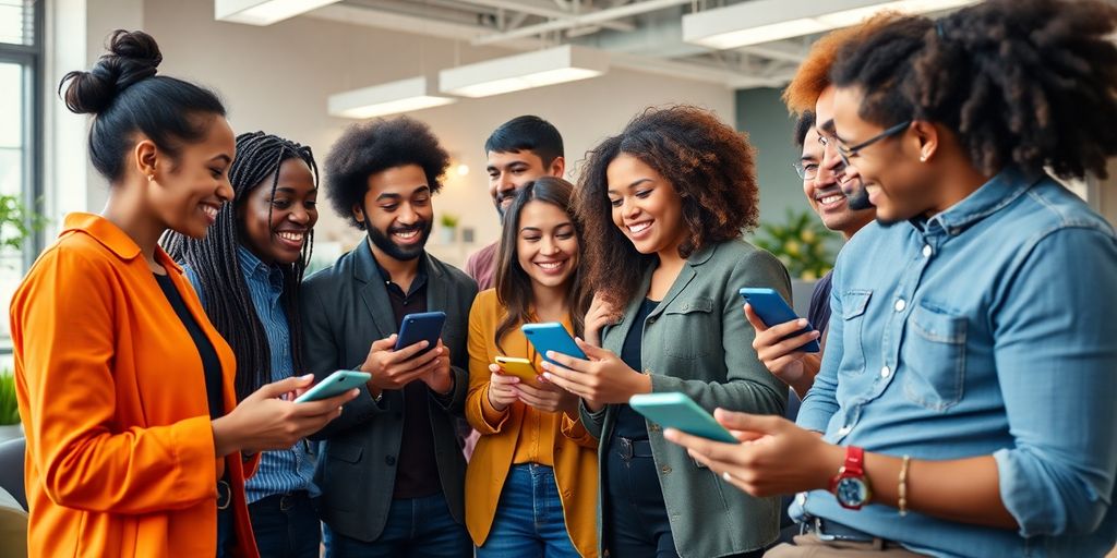 Diverse influencers collaborating in a bright workspace with technology.