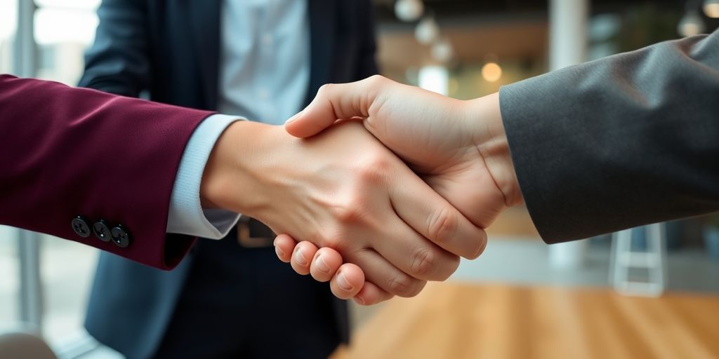 Two hands shaking in a professional environment.