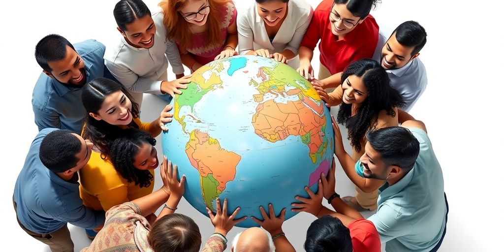 Diverse team collaborating around a globe.