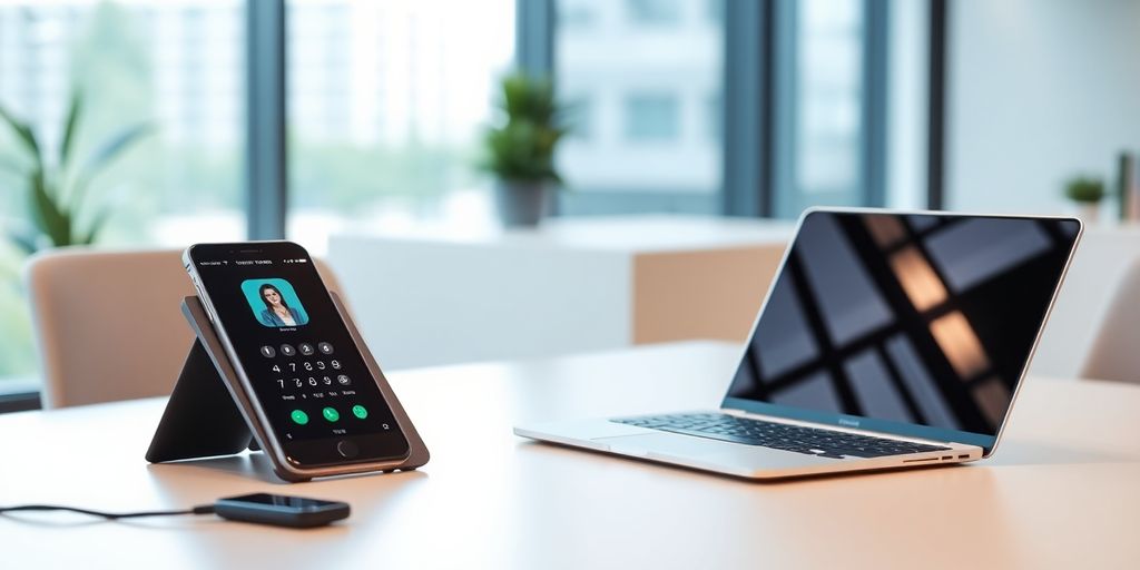 Modern office with smartphone and laptop setup.