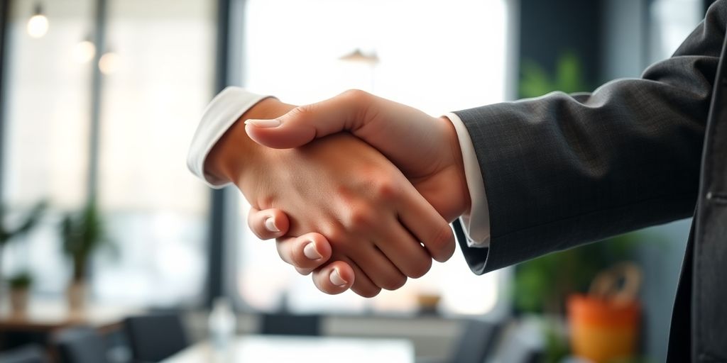 Two hands shaking in a professional environment.