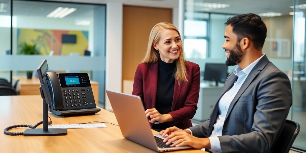 Modern office with receptionist and phone system.
