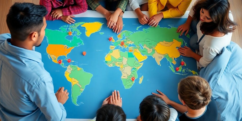 Diverse team discussing international markets around a world map.