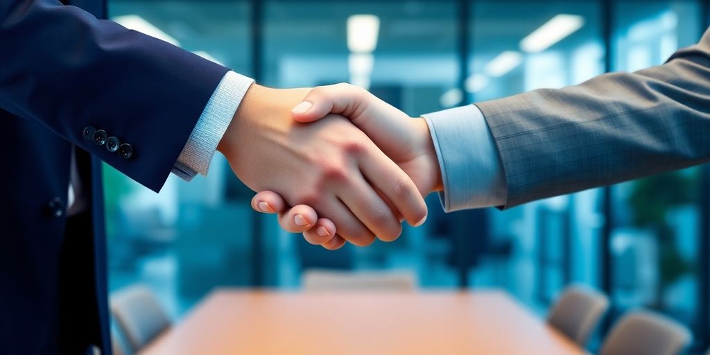 Two hands shaking in a professional setting.