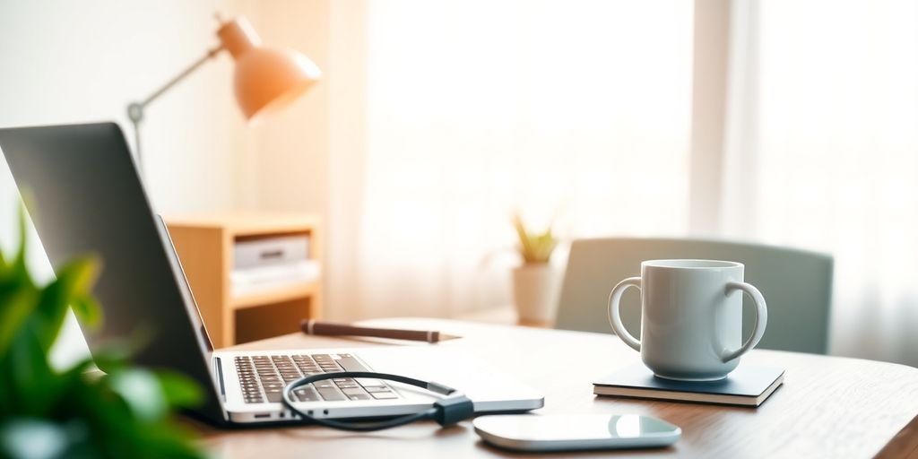 Cozy home office with laptop and coffee mug.
