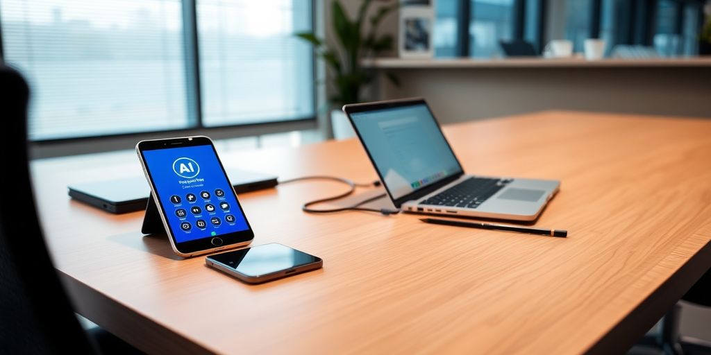 Modern office with smartphone and laptop setup.