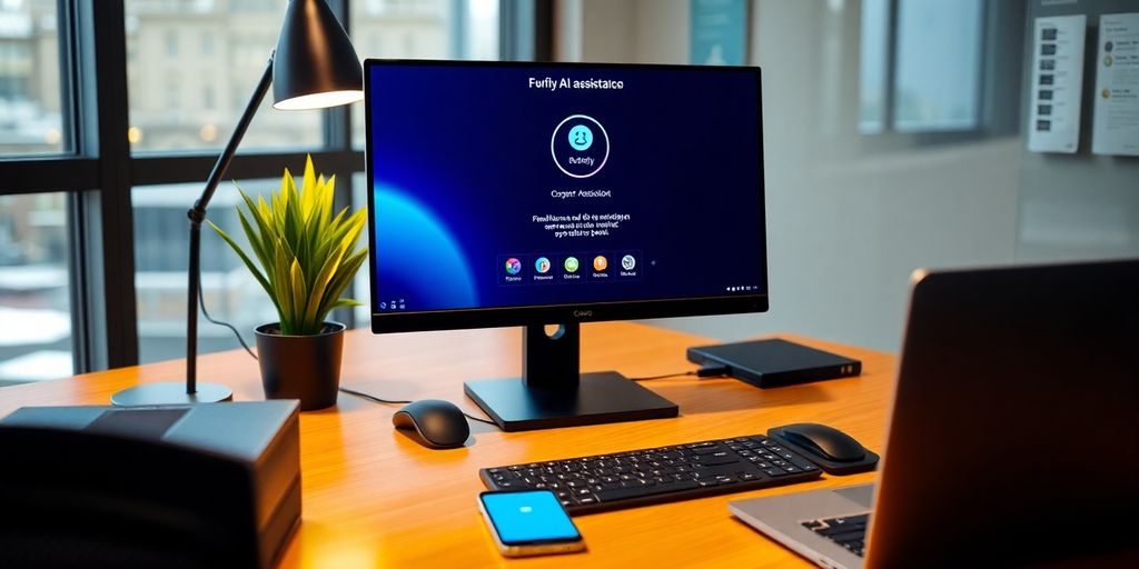 Modern office with computer and AI assistant interface.