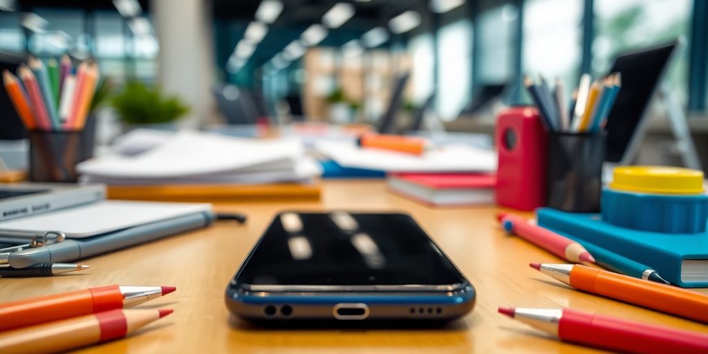 Smartphone on a desk with office supplies around.