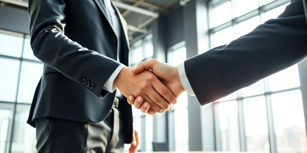 Two professionals shaking hands in a bright office.