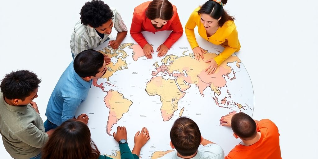 Diverse individuals collaborating around a world map.