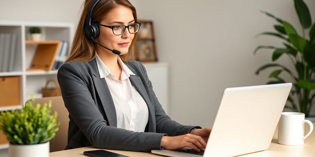 Woman in home office with headset and laptop.