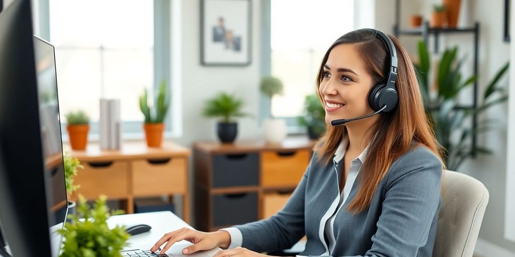 Woman in home office with headset, smiling during call.