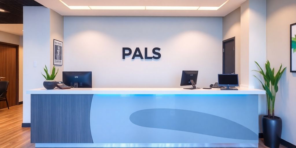 Modern phone reception area with sleek desk and decor.