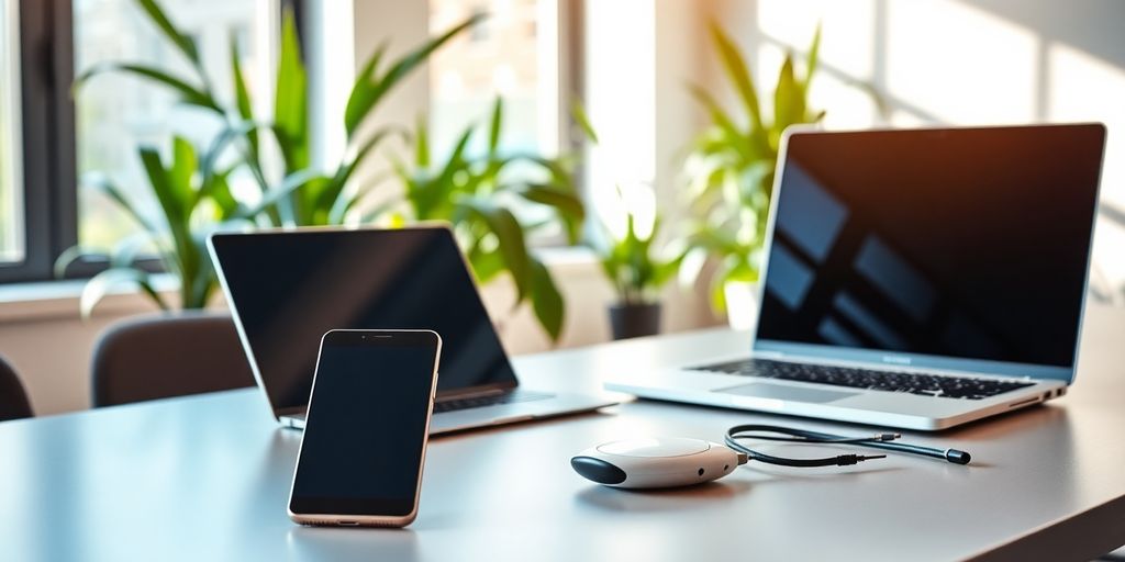 Modern office with smartphone, laptop, and digital assistant.