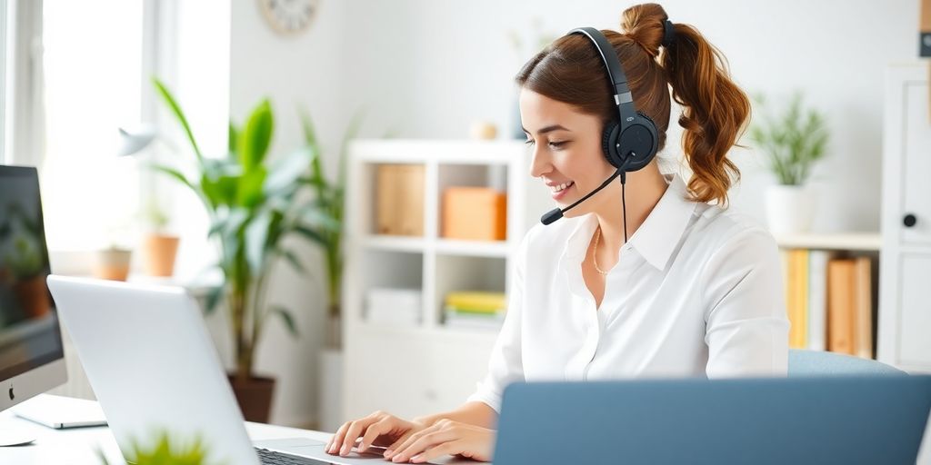 Woman working as a phone receptionist in home office.