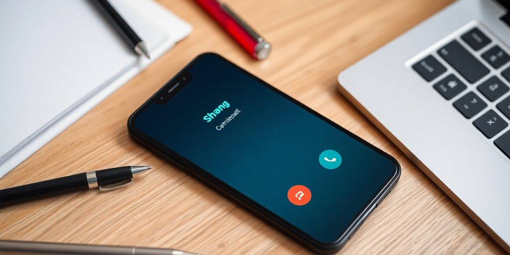 Smartphone with call interface on a desk with supplies.