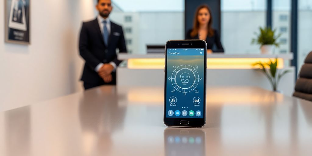 Modern office with smartphone and AI receptionist.
